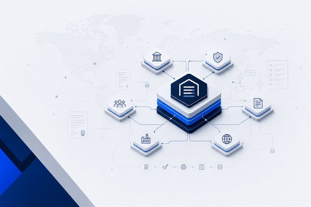 Conceptual visualization of the CompWALK platform connecting accreditation, compliance, organizations, and global operations