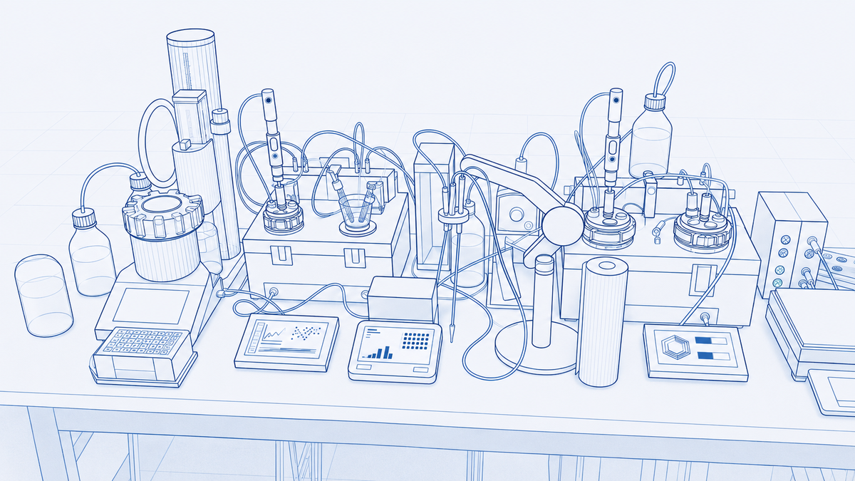 Wireframe illustration derived from Ed Mooers' real Software Testing Laboratory, showing precision instruments and software analysis systems