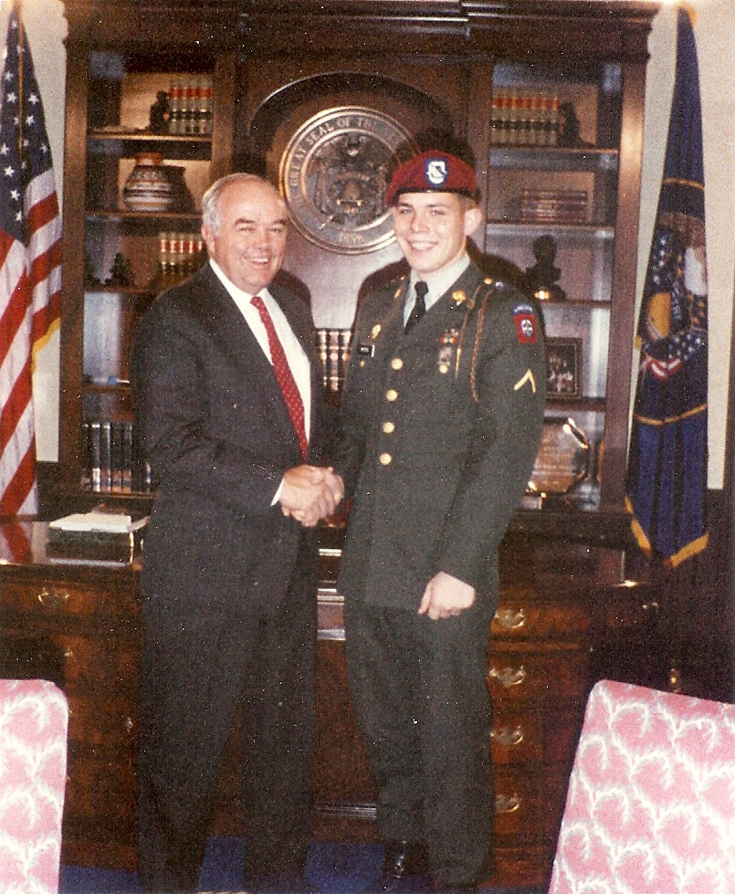Ed Mooers meeting Utah Governor Norman Bangerter before deploying to Desert Storm